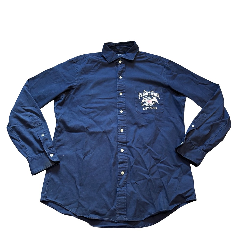 Polo Ralph Lauren Mens Navy Blue Featherweight Twill Flag Patch‎ Shirt Medium